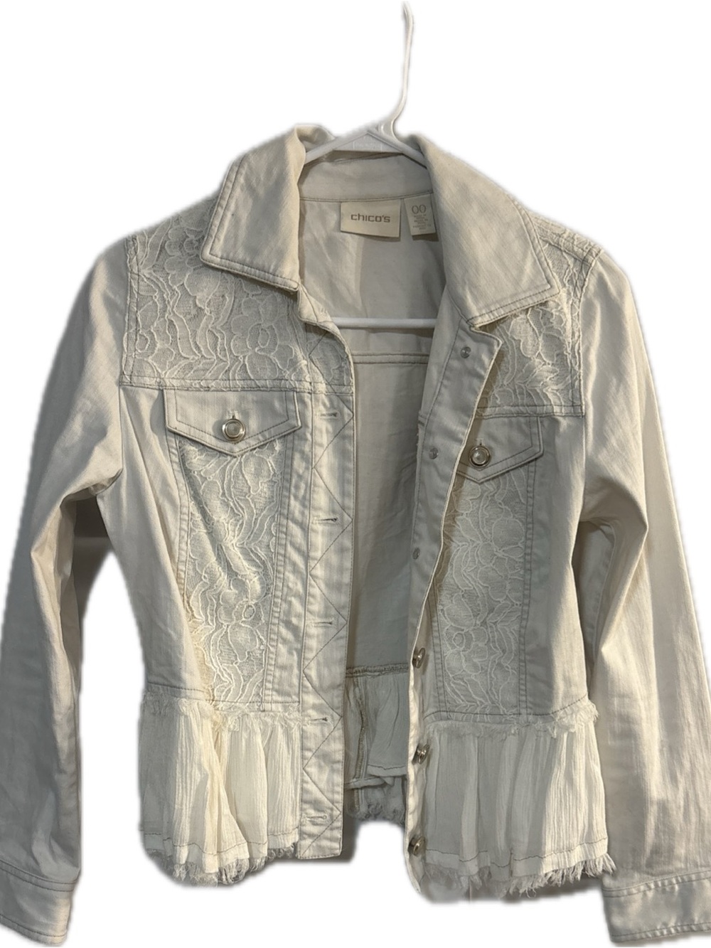 Chico's Cream Lace-Trim Peplum Jean Jacket